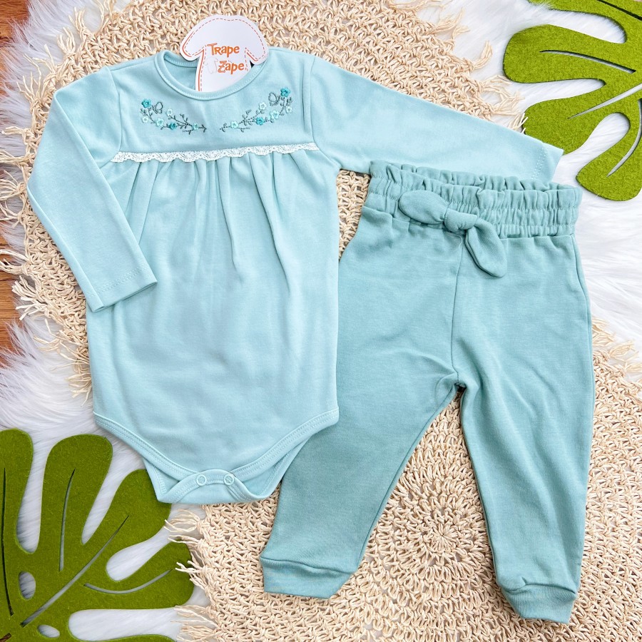 Conj. Body Manga Longa com Flores Bordadas e Calça - Verde